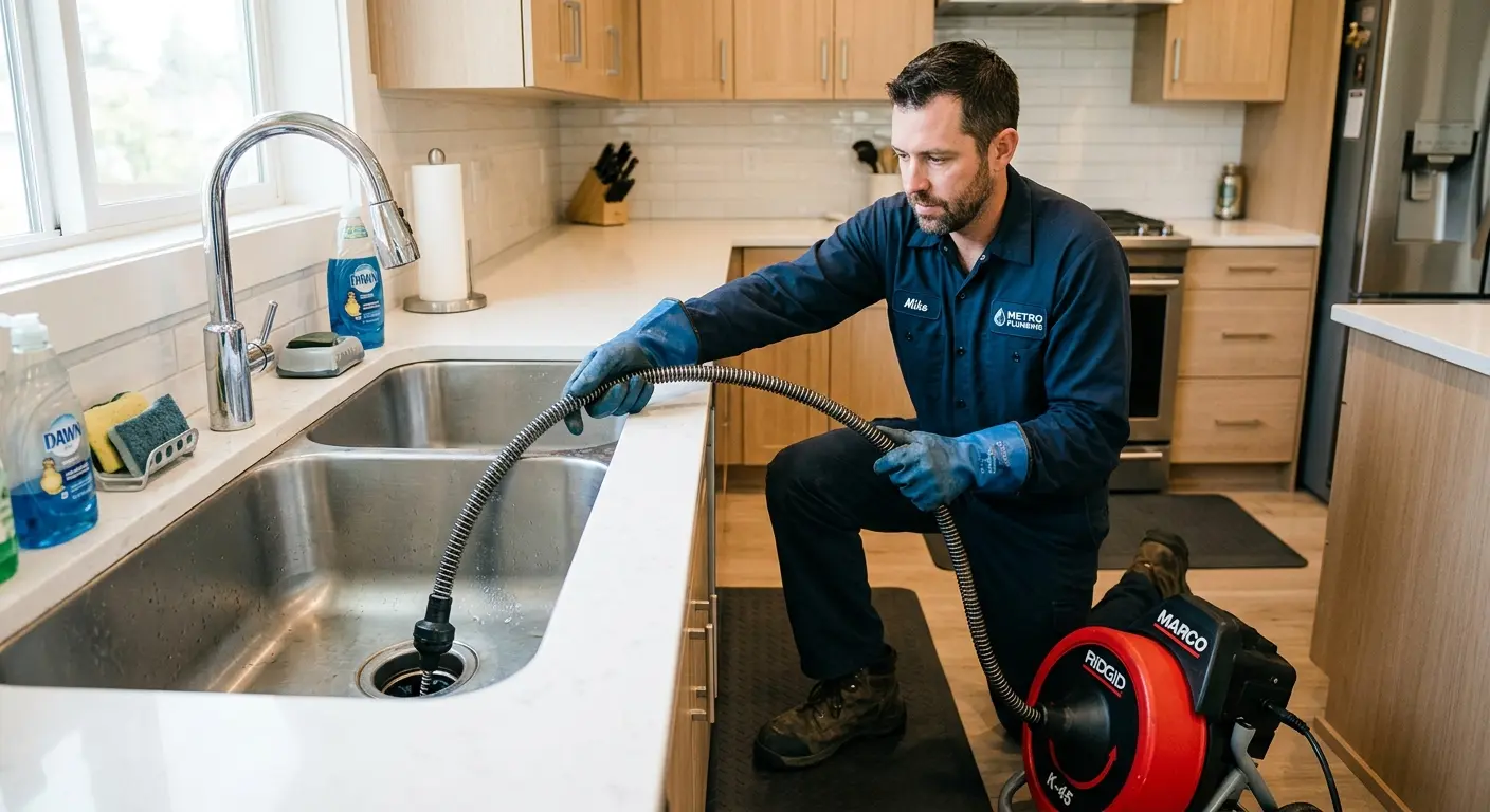 Drain cleaning technician using a motorized snake on a kitchen sink in Byron
