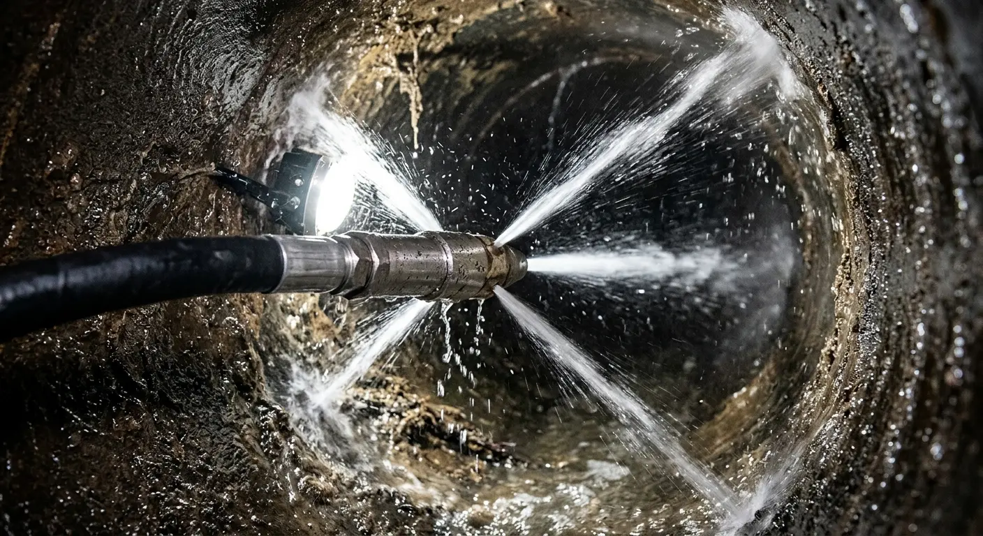 High-pressure hydro jetting nozzle cleaning sewer pipe for Trenchless Sewer Repair in Byron
